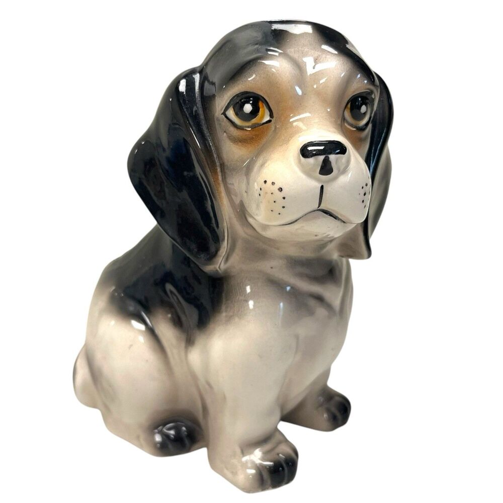 Vintage Ceramic Black & White Sitting Puppy Dog Hound Planter‎ Pot  Japan